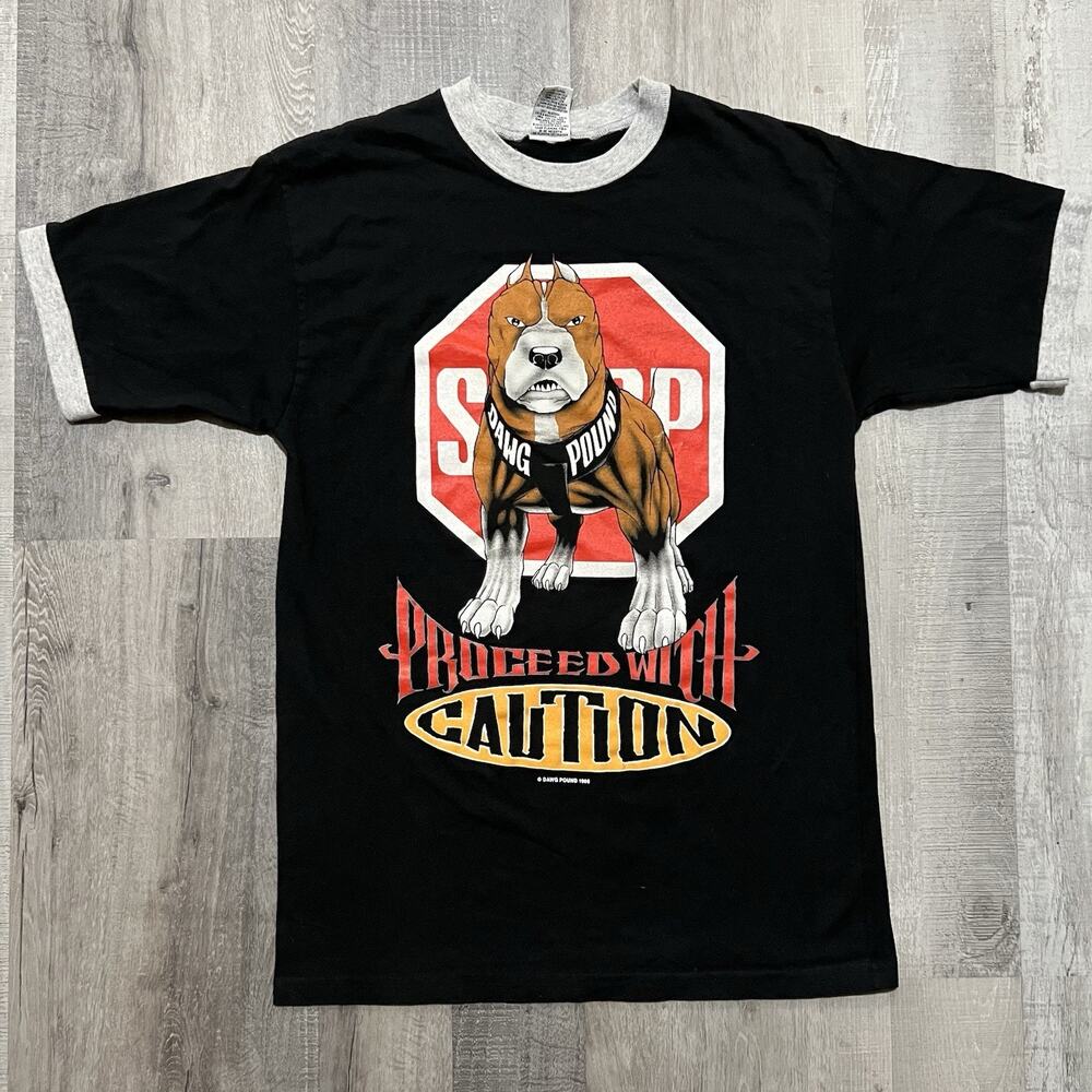 VTG Dawg Pound Proceed With Caution 1995 Black 90s Pitbull Dog Ringer T Shirt L